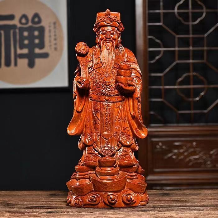 Filicite:hand-carved rare pear-wood god of wealth statue+2bracelets